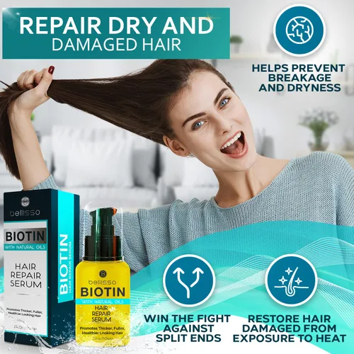 Vista 7 de BELLISSO Spray protector térmico de biotina para cabello con aceite de argán marroquí y biotina champú y acondicionador y suero de biotina