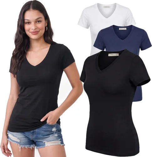 Vista 198 de Emmalise Camiseta de manga corta para mujer, cuello en V, tallas junior y plus