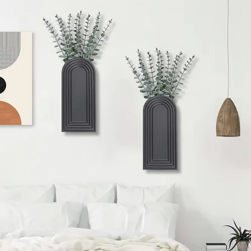 Vista 5 de Dnnnii Juego de 2 jarrones de pared de madera, acabado negro, decoración de pared moderna de granja y bohemio para entrada, pasillo, baño, sala