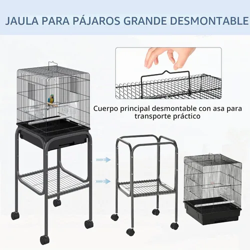 Vista 4 de Jaula para pájaros Pawhut, 51, Negro Jaula de loro, pajarero para pájaros, cesta de almacenamiento, accesorios