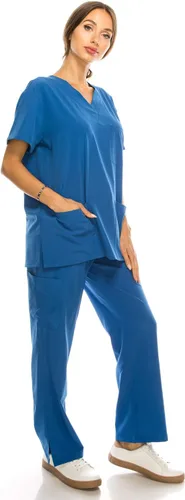 Vista 3 de Conjunto médico de 7 bolsillos con cuello en V para mujer, elástico en 4 direcciones, cómodo, peso ligero