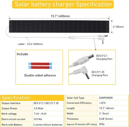 Vista 2 de Cargador de panel solar de 8.4 V para persianas enrollables motorizadas, fuente de alimentación solar de alta eficiencia de 3.5 W/11 W