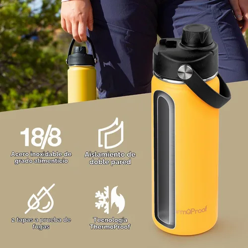Vista 2 de Botella de agua aislante ThermoProof – Acero inoxidable, boca ancha, tapas abatibles y con boquilla, a prueba de fugas, apta para lavavajillas Ámbar