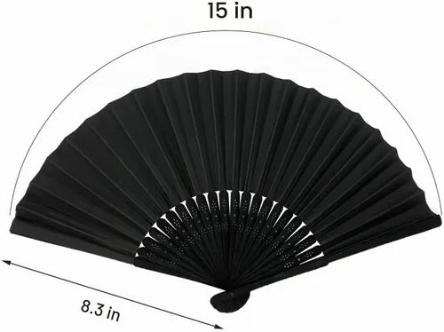 Vista 2 de Abanicos plegables de bambú blanco con tela de seda, perfectos para decoración de bricolaje, bodas, fiestas y bailes de verano (negro)