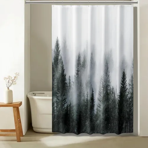 Vista 29 de ORTIGIA 36x72 Cortina de ducha de bosque nebuloso para baño pequeño, cortina de ducha estrecha de naturaleza y bosque en blanco y negro con ganchos