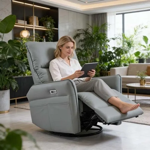 Vista 2 de Sillón reclinable eléctrico con base giratoria, silla reclinable eléctrica con carga USB, piel sintética (azul gris)