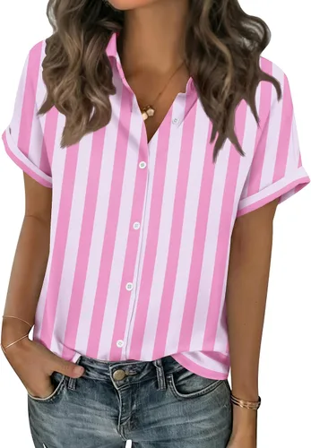 Vista 13 de Zeagoo Blusas de verano de manga corta para mujer, camisas casuales con botones, blusas de trabajo de negocios sólidas/a rayas
