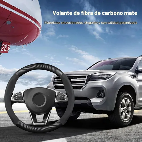 Vista 2 de Ergocar Funda para Volante de Forma Redonda de Fibra de Carbono y Cuero PU de Microfibra Antideslizante Protector de Volante de Automóvil Negro