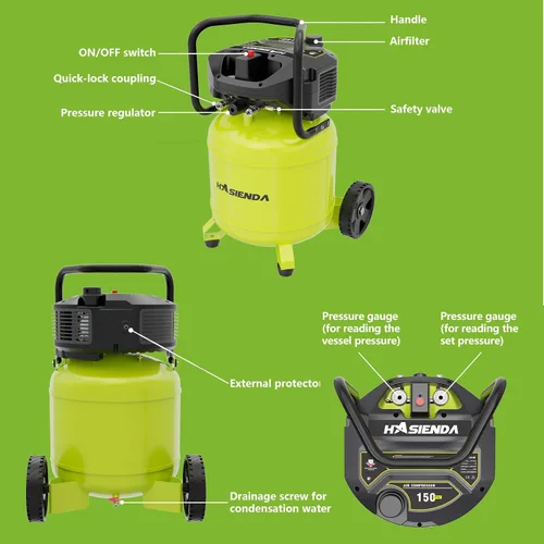 Vista 4 de Compresor de aire de 12 galones para taller, 150 PSI máx, compresor vertical sin aceite para garaje y hogar, con un motor sin escobillas de larga