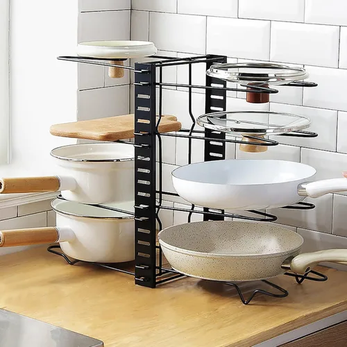 Vista 2 de Organizador ajustable para ollas y sartenes para armario de cocina, 8 niveles, organizador de ollas y sartenes, soporte de tapa expandible