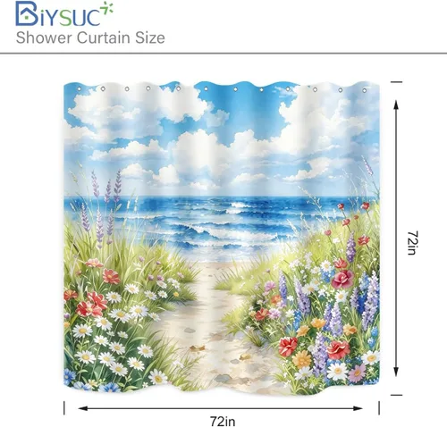Vista 7 de Cortina de ducha de playa, primavera, costera, playa, mar, océano, floral, naturaleza, paisaje, acuarela, camino de flores silvestres, playa Playa