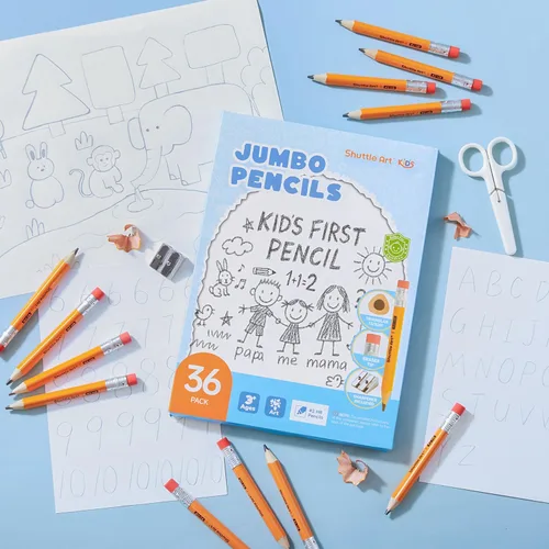 Vista 5 de Shuttle Art Lápices jumbo – Paquete de 36 lápices triangulares preafilados #2 HB con borradores y sacapuntas superiores, para niños de 4 a 6 años