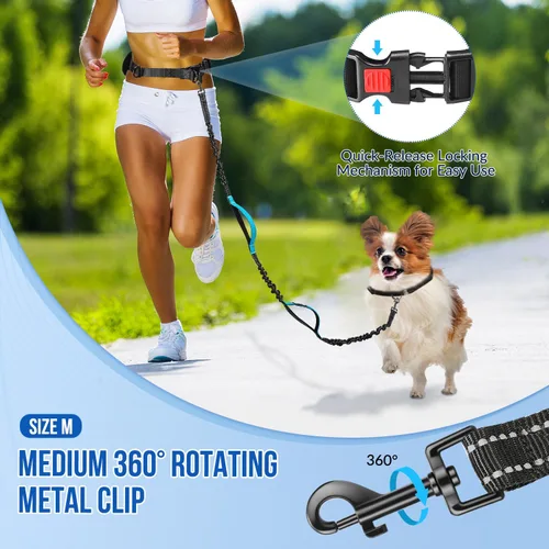 Vista 7 de SlowTon Correa para perro manos libres, con bolsa extraíble con cremallera, cuerda elástica que absorbe los golpes, doble asa y costuras