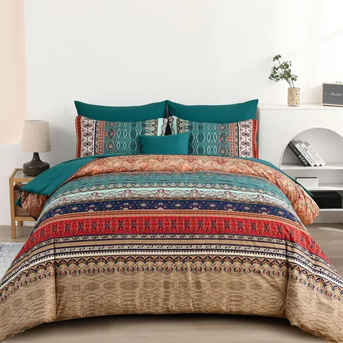Vista 34 de Cottolester - Juego de edredón bohemio de tamaño matrimonial, 8 piezas, ropa de cama de microfibra suave en una bolsa, rayada y de color aguamarina