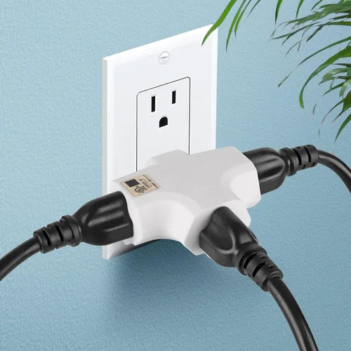 Vista 2 de Adaptador de pared de 3 tomacorrientes en forma de T, extensor de enchufe de 3 clavijas con conexión a tierra, 125 V 1875 W, enchufe de pared