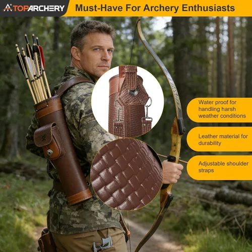 Vista 7 de TOPARCHERY - Aljaba Tradicional para Hombro y Espalda de Cuero con Bolso Grande, Correas Hechas a Mano, Marrón