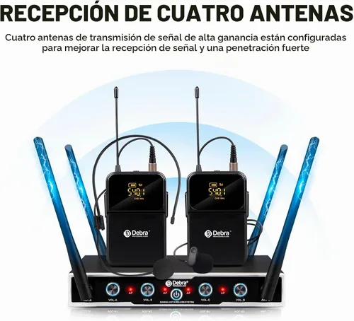 Vista 2 de D Debra Sistema de Micrófono Inalámbrico de Audio Pro DU4004 UHF 4 x 16 Canales Ajustables Micrófono Inalámbrico de Mano Lavalier Auricular, Ideal