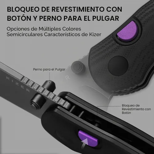 Vista 3 de Kizer Phoca BD - Cuchillo de bolsillo, 2.95 pulgadas, hoja plegable D2 Black G10 Handle, Gray PVD Coating & Stonewashed Finish, Thumb Stud Opener