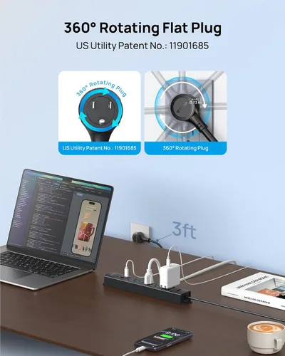 Vista 4 de Trond - Regleta protectora contra sobretensiones de montaje en pared con enchufe giratorio 360, 3 pies 4 AC, 3 USB-C & 1 USB-A, 1440J, 13A/1625W