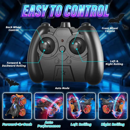 Vista 3 de Bat - Autos de control remoto para niños de 4 a 7 años, 2.4 GHz recargable a control remoto con luces frías, juguetes de regalo para niños de 4, 5