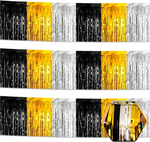Vista 14 de Paquete de 3 guirnaldas largas de flecos metálicos de aluminio negro dorado para colgar en la pared, Día de la Madre, Pascua, flotadores de desfile