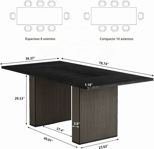 Vista 2 de Mesa de comedor rectangular de 198 cm para 6 a 10 personas, mesa de cocina estilo granja con estrías, mesa larga de madera moderna para cocina