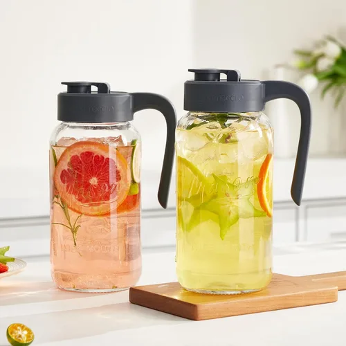Vista 7 de Jarra Mason Jar de 64 onzas con tapa, boca ancha, jarra de agua de vidrio de 2 cuartos de galón con tapa, resistente, a prueba de fugas, té helado