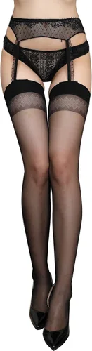 Vista 8 de Medias altas hasta el muslo para mujer, con liguero de encaje sexy Negro_7050