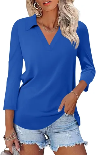Vista 21 de TICTICMISS - Camisas polo de cuello en V para mujer, manga 3/4, con cuello, tops casuales de negocios, tops de verano a la moda, holgados