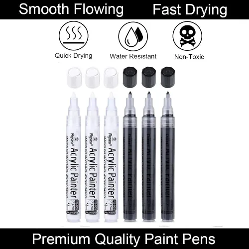 Vista 2 de EBOT Bolígrafos de pintura negra, paquete de 6 marcadores permanentes negros acrílicos de 0.028 in, bolígrafos de pintura blanca para pintura