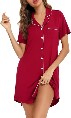 Vista 2 de Pjmlifecoco Camisón para mujer, con botones, manga cortalarga, suave modal, ropa de dormir S-XXL