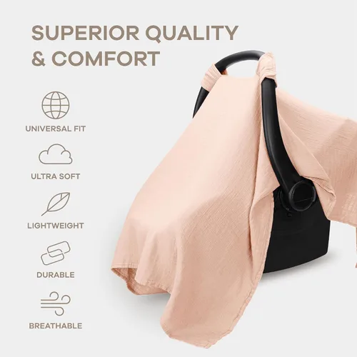 Vista 3 de Comfy Cubs Funda para Asiento de Coche de Bebé - Mezcla Suave y Transpirable de Rayón de Bambú y Algodón Muselina - Toldo Ligero para Protección