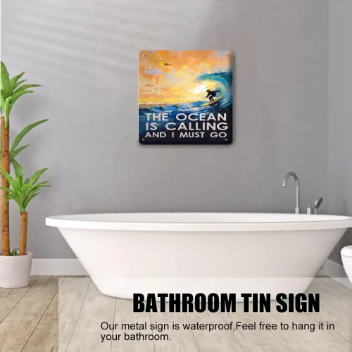 Vista 2 de Zomyto Letreros de lata con texto en inglés «The Ocean is Calling and I Must Go», arte de pared retro divertido de metal, póster vintage