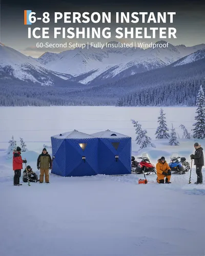 Vista 5 de Tienda de campaña de pesca en hielo desplegable para 6-8 personas con configuración desplegable de 60 segundos, aislamiento superior de triple capa
