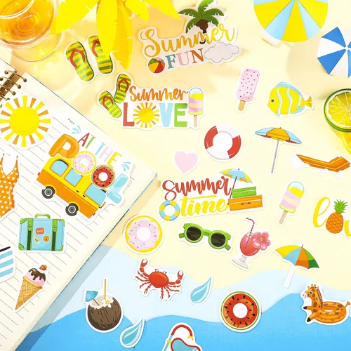 Vista 4 de 100 piezas de papel temático de verano, troquelados, cartulina, álbumes de recortes, recortes de verano, adornos de álbumes de recortes para tablón