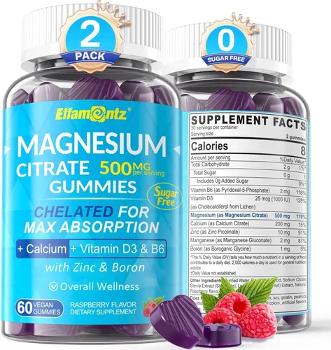 Vista 2 de Paquete de 2 gomitas de citrato de magnesio de 500 mg para mujeres y hombres, sin azúcar + gotas líquidas de glicinato de magnesio para niños