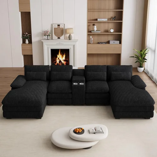 Vista 7 de Sofá modular en forma de U de 132 pulgadas, sofá modular para sala de estar, sofá moderno de pana de felpa de gran tamaño con consola central Negro