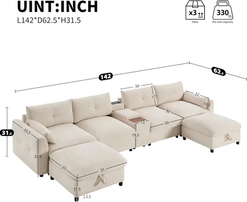 Vista 2 de Sofá seccional de gran tamaño de 142 pulgadas con 2 otomanas y consolas de almacenamiento móviles, sofá modular de felpilla en forma de U de 6