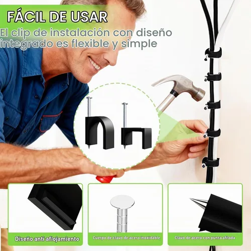 Vista 3 de mxuteuk 200 piezas de clips para cables con clavos de acero, clips para cables redondos negros de 4/6/8/10 mm, clips de pared para cables, clips
