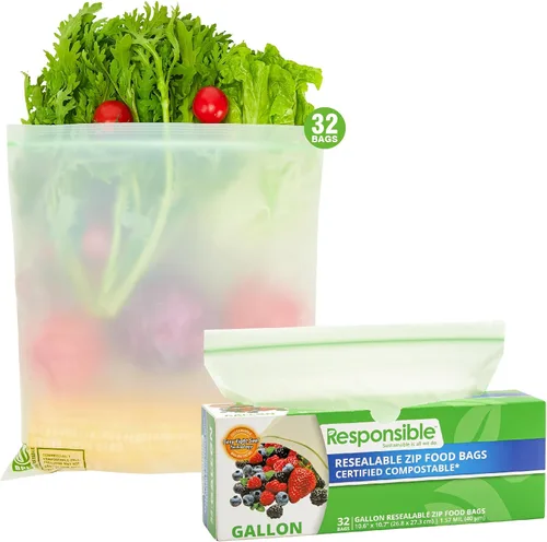 Vista 12 de Responsible Products Bolsa con cremallera resellable de gran galón compostable certificada, bolsas de alimentos extra resistentes, hechas