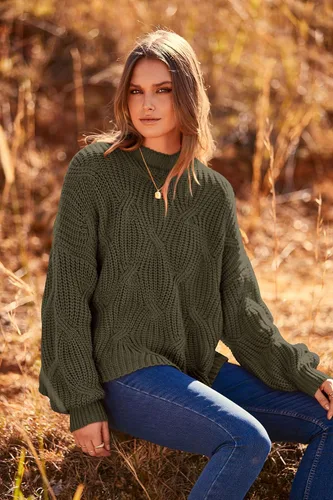 Vista 6 de PRETTYGARDEN Suéteres de otoño de gran tamaño para mujer, estilo casual, cuello redondo, manga larga, tejido trenzado grueso, blusa