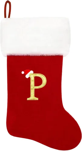 Vista 208 de Calcetines de Navidad bordados de 20 pulgadas con monograma, terciopelo negro con puño de felpa blanca supersuave, adornos clásicos para decoración
