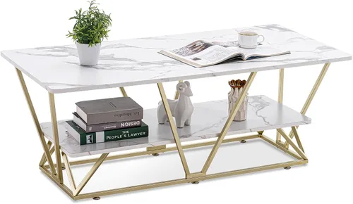 Vista 10 de ivinta Mesa auxiliar con almacenamiento, mesa central rectangular moderna con mármol sintético y marco dorado para espacios pequeños, mesa de sala