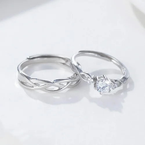 Vista 6 de I Love You His & Hers Anillos de Boda a Juego Ajustables CZ S925 de Plata de Ley Anillos para Pareja Customizable