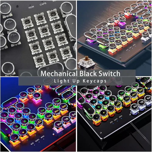 Vista 4 de Teclado mecánico con luz LED retroiluminada, teclado retro para juegos con teclas redondas de 104 teclas con interruptor azul, teclado steampunk
