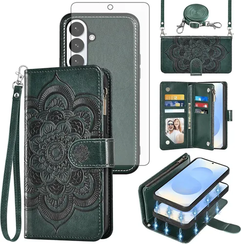 Vista 17 de Asuwish Funda de teléfono para Samsung Galaxy S26 5G con cremallera, magnética, desmontable, con protector de pantalla de vidrio templado, correa