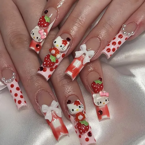 Vista 10 de Uñas postizas a presión con estampado de leopardo, lindas uñas postizas con dijes, uñas largas de ataúd, uñas postizas de cobertura completa