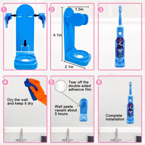 Vista 6 de OJV 8620 Cepillos de dientes eléctricos musicales para niños, 3 modos de temporizador de 2 minutos, 6 cerdas recargables de energía inteligente, Azul