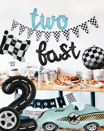 Vista 3 de Decoraciones de Cumpleaños Two Fast Globos de Números de Pista de Carreras de 40 Pulgadas 2 Negro Pancarta de Globos con Letras Two Fast Globo 2do