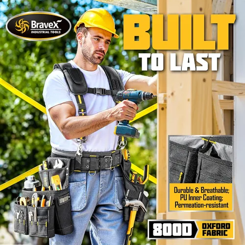 Vista 10 de Bravex - Tirantes de cinturón de herramientas, chaleco de herramientas Pro Ultra 20 bolsas estilo Y, 5 combo delantal bolsa de herramientas